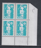 France N° 2625 XX  Briat 5 F. Bleu-vert En Bloc De 4 Coin Daté Du 20 - 2 - 92 ; Gomme Légèrement Altérée, Sinon TB - 1980-1989