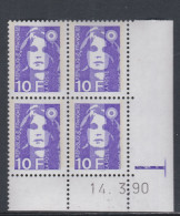 France N° 2626 XX Marianne  Briat 10 F. Violet En Bloc De 4 Coin Daté Du 14 - 3 - 90 ; 1 Barre ; Sans Charnière, TB - 1980-1989