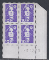 France N° 2626 XX Marianne  Briat 10 F. Violet En Bloc De 4 Coin Daté Du 3 - 12 - 90 ;   Sans Charnière, TB - 1980-1989