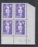 France N° 2626 XX Marianne  Briat 10 F. Violet En Bloc De 4 Coin Daté Du 16 - 11 - 92 ;   Sans Charnière, TB - 1980-1989