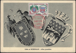 Pérou 1957 Y&T PA 121 Sur Carte Maximum. Armoiries De Lima Et De Bordeaux - Enveloppes