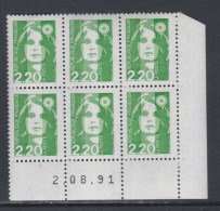 France N° 2714 XX Marianne De Briat 2 F. 20 Vert En Bloc De 6 Coin Daté Du 2 - 08 - 91 ;  Sans Charnière TB - 1990-1999