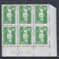 France N° 2711 XX Marianne De Briat  D Vert En Bloc De 6 Coin Daté Du 24 - 01 - 91 ;  Sans Charnière TB - 1990-1999