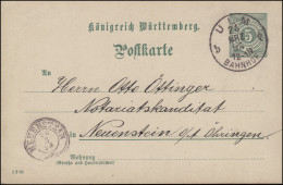 Postkarte P 37 Ziffer Mit DV 1 2 95, ULM BAHNHOF 26.3.1895 Nach NEUENSTEIN 26.3. - Interi Postali