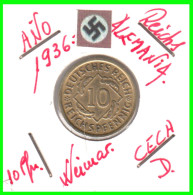 GERMANY REPÚBLICA DE WEIMAR 10 PFENNIG DE PENSIÓN ( 1936 CECA - D ) MONEDA DEL AÑO 1923-1936 (RENTENPFENNIG KM # 32 - 10 Renten- & 10 Reichspfennig