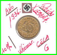 GERMANY REPÚBLICA DE WEIMAR 10 PFENNIG DE PENSIÓN ( 1936 CECA - G ) MONEDA DEL AÑO 1923-1936 (RENTENPFENNIG KM # 32 - 10 Rentenpfennig & 10 Reichspfennig
