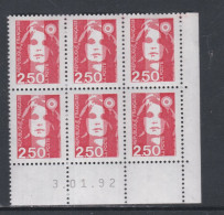 France N° 2715 XX Marianne De Briat  2 F. 50  Rouge En Bloc De 6 Coin Daté Du 3 - 01 - 92 ;  Sans Charnière TB - 1990-1999