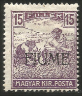 398 Fiume 1918 15f Violet Overprint MH * Neuf Avec CH (FIU-10) - Fiume