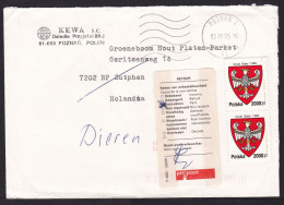 Poland: Cover To Netherlands, 1993, 2 Stamps, Heraldry, Inflation: 4000 ZL, Returned, Retour Label (minor Damage) - Briefe U. Dokumente