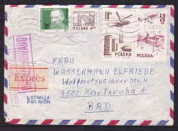 Poland: Express Cover To Germany, 1982, 4 Stamps, Airplane, Helicopter, Censored, Censor Cancel, Expres Label (damaged) - Storia Postale