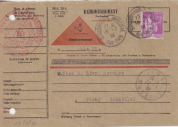CP Remboursement Mod.20b De 1931 Obl. Strasbourg Le 19/7/34 Sur 40c Paix N° 281 (tarif Du 16/7/25) Pour Verny - 1932-39 Paix