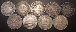 Suisse - Lot De 9 Pièces De 2 Francs Argent 1874 - 1875 - 1886 - 1920 - 1921 - 1928 - 1944 - 1946 - 1960 - 2 Francs