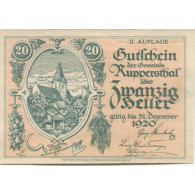 Billet, Autriche, Ruppersthal, 20 Heller, Eglise 1920-12-31, SPL Mehl:FS 854c - Austria