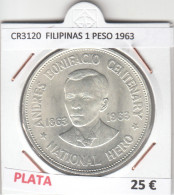 CR3120 MONEDA FILIPINAS 1 PESO 1963 MBC PLATA  - Autres – Asie