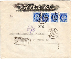 Norwegen 1921, MeF 4er-Streifen 20 öre Auf Firmen Einschreiben Brief V. Skien - Cartas & Documentos