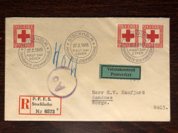 SWEDEN FDC COVER REGISTERED LETTER TO NORWAY 1945 YEAR RED CROSS HEALTH MEDICINE STAMPS - FDC