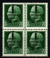 ITALIA RSI - 1944 - SERIE IMPERIALE CON SOVRASTAMPA - 25 CENT. - IN QUARTINA - SENZA GOMMA - Nuevos