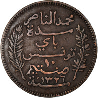 Monnaie, Tunisie, Muhammad Al-Nasir Bey, 10 Centimes, 1908, Paris, TTB, Bronze - Tunisie