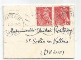 FRANCE MERCURE 30C POSTES PAIRE MIGNONNETTE MEC VALENCE GARE 1943 AU TARIF - 1938-42 Mercurio