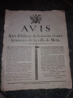 Avis Aux Débitants De Boissons Et Aux Brasseurs De La Ville De Metz - 19 Septembre 1815 - Décrets & Lois