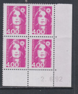France N° 2717 XX Ma. De Briat 4 F. 00 Rose En Bloc De 4 Coin Daté Du 2 - 6 - 92 ;  Sans Charnière, TB - 1990-1999