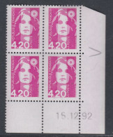 France N° 2770 XX Ma. De Briat 4 F. 20 Rose En Bloc De 4 Coin Daté Du 15 - 12 - 92 ;  Sans Charnière, TB - 1990-1999