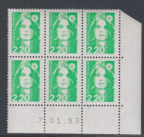 France N° 2790 XX  Briat 2 F. 20 Vert Clair En Bloc De 6 Coin Daté Du 7 - 01 - 93 ;  Gomme Légèrement Altérée Sinon TB - 1990-1999