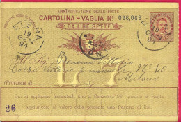 INTERO CARTOLINA-VAGLIA UMBERTO C.15 DA LIRE 7 (CAT. INT. 11) -VIAGGIATA DA RESINA *19.GEN.94* PER MILANO - Stamped Stationery