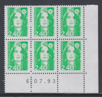 France N° 2820 XX Marianne De Briat 2 F. 40 Vert En Bloc De 6 Coin Daté Du 6 - 07 - 93 ;  Sans Charnière TB - 1990-1999