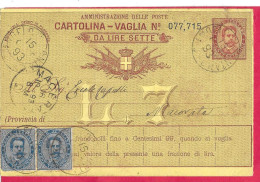 INTERO CARTOLINA-VAGLIA UMBERTO C.15 DA LIRE 7 (+ C25 CENT)(CAT. INT. 11) -VIAGGIATA DA S.ANGELO IN PONTANO PER MACERATA - Entiers Postaux