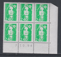 France N° 2820 XX Maria. De Briat 2 F. 40 Vert En Bloc De 6 Coin Daté Du 7 - 10 - 94 ; Gomme Légèrement Altérée Sinon TB - 1990-1999