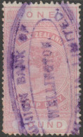 NZ 1882 LONGTYPE 1pd QV REVENUE SOTN UNION BANK OF AUSTRALIA WELLINGTON NZ OVAL CANCEL - Fiscaux-postaux