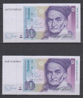 Deutsche Bundesbank 2 Banknoten 1991 Gauß 10 DM Bankfrisch , - 10 DM