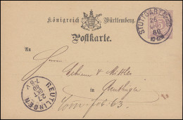 Württemberg Postkarte P 20/03 Von STUTTGART 26.10.1880 Nach REUTLINGEN 27.10. - Enteros Postales