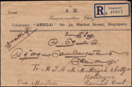 Straits Settlements R-Brief Von Singapur 3.6.1922 Rs. MiF Nach Kottaiyur/Indien - Singapore (1959-...)