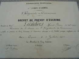 Brevet De Prévôt D'Escrime Raoul Gimbres 8éme Régiment De Cuirassiers 1906 - Documenti