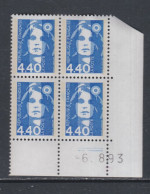 France N° 2822 XX  Briat 4 F. 40 Bleu En Bloc De 4 Coin Daté Du 6 - 8 - 93 ; 2 Traits Gomme Légèrement Altérée Sinon TB - 1990-1999