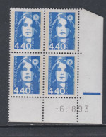 France N° 2822 XX  Briat 4 F. 40 Bleu En Bloc De 4 Coin Daté Du 6 - 8 - 93 ; 1 Barre, Gomme Légèrement Altérée Sinon TB - 1990-1999