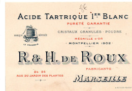 Marseille (13)   Carte Commerciale R Et H DE  ROUX  ACIDE  TARTRIQUE 1ER BLANC   (PPP46635) - Pubblicitari