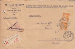 Lettre Contre Remboursement "Notaire" Obl. St Amarin Le 28/7/34 Sur 1f Paix X 2 N° 286 (tarif Du 1/5/26) Pour Verny - 1932-39 Vrede