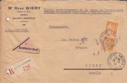 Lettre Contre Remboursement "Notaire" Obl. St Amarin Le 28/7/34 Sur 1f Paix X 2 N° 286 (tarif Du 1/5/26) Pour Verny - 1932-39 Paix