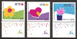 Israël Israel 1989 N° 1091 / 3 avec Tab ** Timbres De Souhait, Bonne Chance, Au Revoir, Amour, Fleur, Main, Cœur, Luck - Nuevos (con Tab)