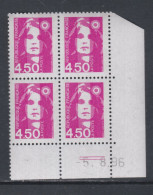 France N° 3007 XX  Briat 4 F. 50 Rose En Bloc De 4 Coin Daté Du 5 - 8 - 96 ; 2 Traits, Gomme Légèrement Altérée Sinon TB - 1990-1999