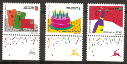 Israël Israel 1991 N° 1128 / 30 avec Tab ** Vœux, Alcool, Bouteille, Champagne, Bon Anniversaire, Gateau, Bougie, T/T - Unused Stamps (with Tabs)