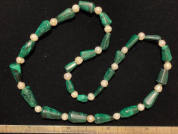 Antica Collana In Malachite E Perle Di Fiume - Afrikanische Kunst