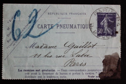 1911 CARTE PNEUMATIQUE 30C VIOLET TYPE SAGE CAD PARIS 84 R. BALLU / CAD PARIS 62 R ST-FERDINAND 29 Du 6 1911 - Telegramas Y Teléfonos
