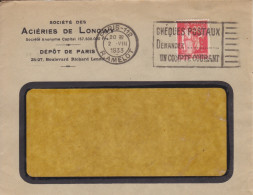 Lettre à Entête "Acieries De Logwy" Obl. Flier Paris 112 Le 2 VIII 33 Sur 50c Paix N° 283 Perforé A.L.(tarif Du 21/4/30) - 1932-39 Paz