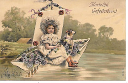 Girl, Fille, Mädchen, Ragazza - Boat, Dog, Bateau, Boot, Barca, Flowers, Fleurs, Chien, Hund / Embossed, Gaufrée - Geburtstag