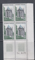 France  N° 1683 XX Ste-Chapelle Riom, En Bloc De 4 Coin Daté Du 14 . 6 . 71 ; Ss Traits Ss Cha., TB, Qq Dents Détachées - 1970-1979