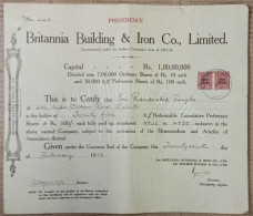 BRITISH INDIA 1956 BRITANNIA BUILDING & IRON CO., LIMITED.....PREFERENCE SHARE CERTIFICATE - Industrie